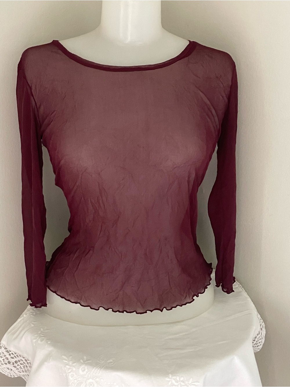 Y2K Burgendy Sheer Mesh Lettuce Edge Top Sz S Fairy Whimsigoth Coquette Grunge